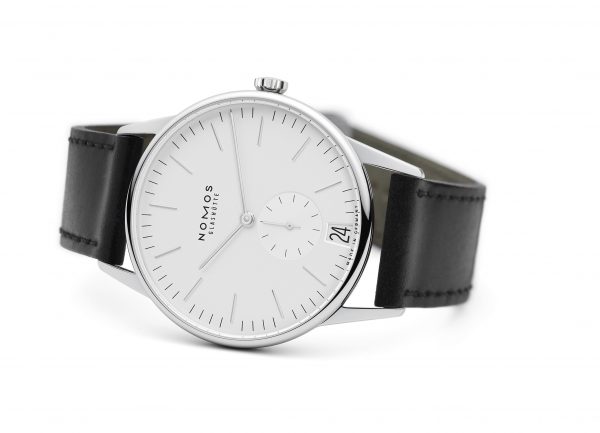 Nomos Orion 38 Date White (Ref 381) - on its side